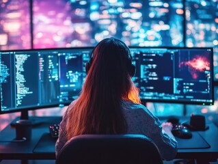 person facing multiple screens with code and a city background at night using headphones