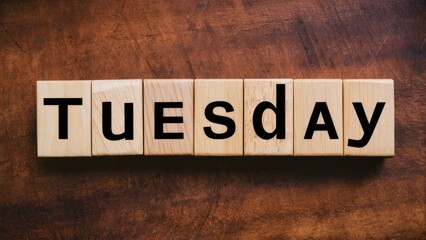 Poster - Wooden background with the word Tuesday in black letters on light wooden blocks arranged in a straight line, creating a rustic calendar theme.