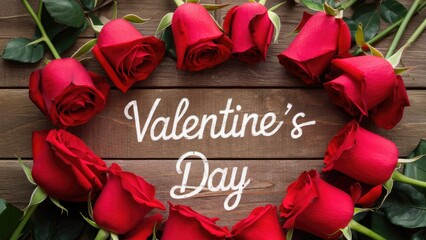 Aufkleber - Vibrant red roses in a heart shape on a rustic wooden surface with white text saying Valentine's Day creating a romantic backdrop.