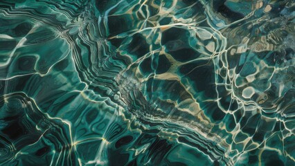 Aufkleber - Textured teal water background with dynamic ripples and patterns, light reflections creating a shimmering surface in various shades of blue and green.