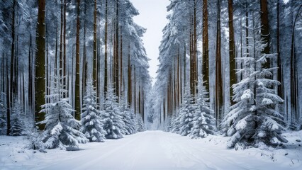 Aufkleber - Serene winter landscape featuring tall fir trees covered in snow creating a tranquil scene with a snowy path leading through the forest.