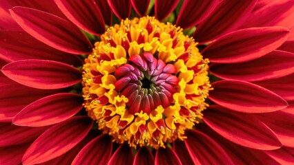 Poster - Close-up of a vibrant red flower with a yellow center and intricate petals, showcasing rich colors and details in the floral arrangement.