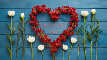 Aufkleber - Heart-shaped floral arrangement featuring red and white flowers on a phantom blue wooden backdrop with ample copy space for Valentine's Day card design.