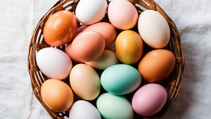 Aufkleber - Assorted colorful eggs in a woven basket on a white background with pastel shades of pink, orange, blue, and white evenly distributed beautifully.