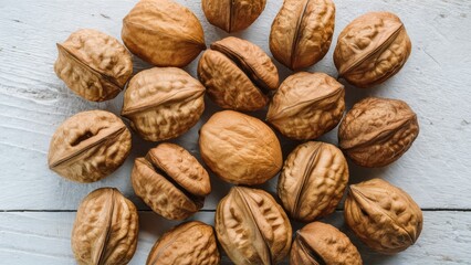 Poster - Walnuts scattered on a textured white wooden surface featuring various shades of brown and tan with intricate shell patterns and details.