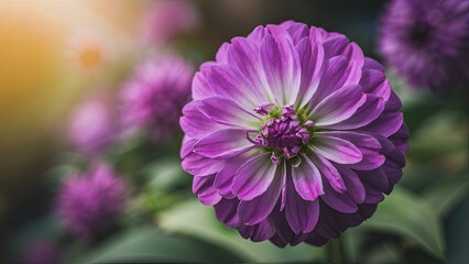 Aufkleber - Vibrant purple flower in full bloom centered with soft green leaves, blurred background highlights warm sunlight and gentle colors