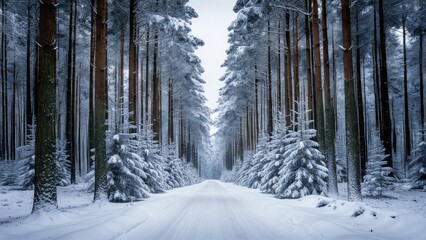 Aufkleber - Tall fir trees lined with thick snow create a serene winter forest scene with soft gray tones and a quiet snow-covered path leading through.