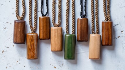 Leinwandbilder - Wooden and green rectangular necklaces hanging on braided ropes from a white textured background with natural light highlighting their textures.
