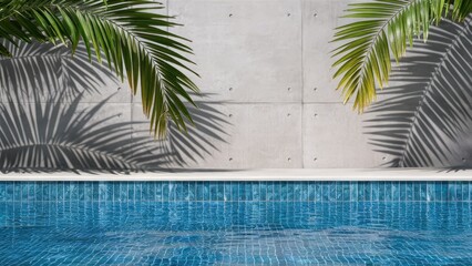 Aufkleber - Tropical poolside scene featuring a serene blue tile pool reflecting green palm shadows against a textured gray concrete wall.