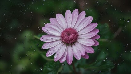 Aufkleber - Delicate violet daisy with pink petals and a central dot, surrounded by green foliage under gentle rain with water droplets enhancing beauty.