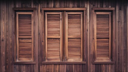 Poster - Warm-toned wooden windows with closed shutters arranged symmetrically, enhancing the rustic ambiance through rich textures and inviting hues.