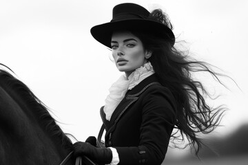 Black and white portrait of a woman in stylish vintage equestrian outfit, highlighting elegance and timeless fashion.