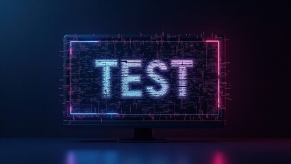 A futuristic graphic design featuring a test screen with a prominent glitch texture, showcasing distorted pixels, set against a dark blue background, evoking a sense of digital chaos.