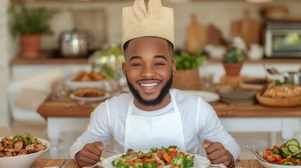 Culinary celebration chef with fresh salad home kitchen food bright atmosphere smiling viewpoint health concept