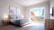 © NanisHappy - A modern and minimalistic bedroom with large windows showcasing lush outdoor scenery, creating a serene environment perfect for relaxation and rejuvenation.