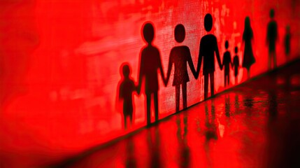 Wall Mural - Family silhouette, red background, unity, support, stock photo