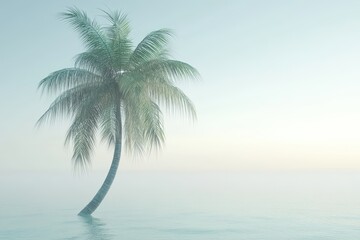 Canvas Print - Lonely palm tree in calm ocean mist, sunrise