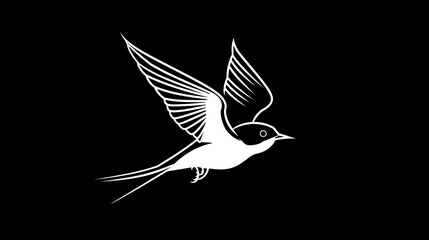 Wall Mural - A simple white line art illustration of a swallow bird in flight, in a vector style with a flat design, on a black background