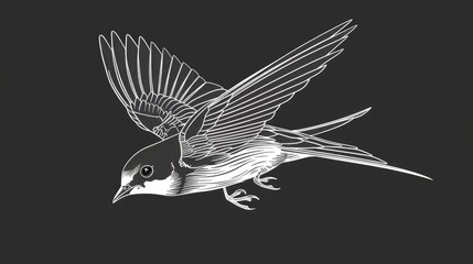 Wall Mural - A simple white line art illustration of a swallow bird in flight, in a vector style with a flat design, on a black background