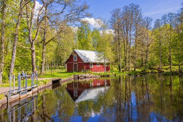 Wall Mural - Lush green trees by a pond and a red barn by the water a sunny spring day