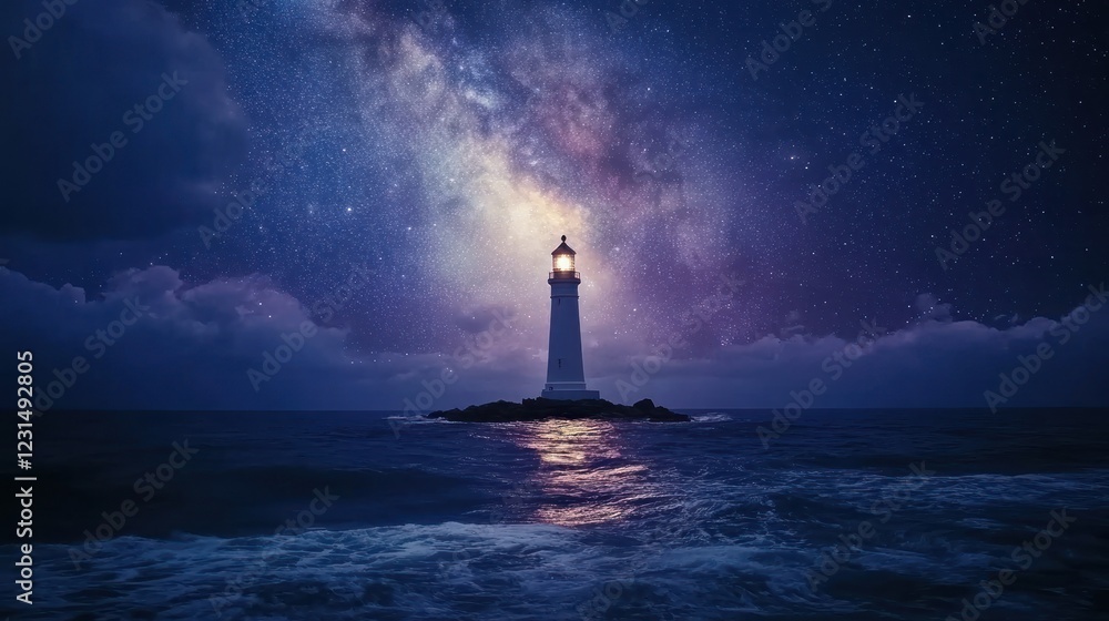 Coastal lighthouse shines under starry night sky, guiding ships Stock ...