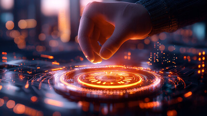 Wall Mural - a hand interacting with a futuristic glowing circular interface against a blurred nightscape city ba