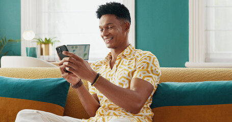 Fototapete - Man, student and relax with phone at house of education results, university application and acceptance. Male person, mobile and good news of enrollment, scholarship feedback and approval notification
