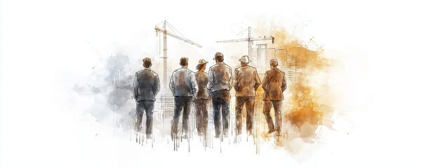 Wall Mural - A group of individuals stands together, facing away, against a backdrop of urban scenery, blending artistic colors and soft textures.