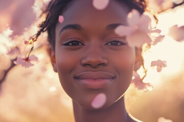 Wall Mural - Woman smiling among cherry blossom trees during spring, showcasing joy and natures beauty with sunlight illuminating her face and petals drifting around.