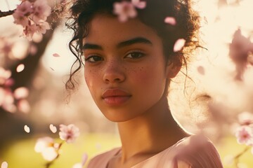 Wall Mural - Woman with curly hair surrounded by cherry blossoms in a sunlit outdoor setting, reflecting spring beauty and the essence of nature. Portrait photography concept.