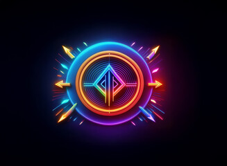 Wall Mural - vibrant neon logo design, featuring a central geometric symbol encircled by radiating arrows and glo