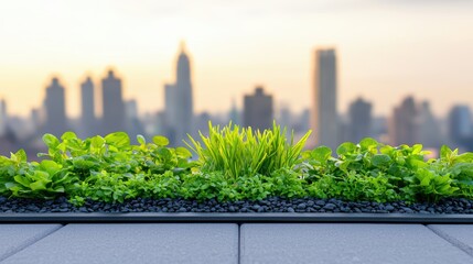 Wall Mural - Net Zero Carbon Urban rooftop garden with diverse plants, demonstrating green infrastructure and carbon offsetting in cities