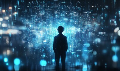 Businessman standing in front of a futuristic interface with holographic data. Technology and business concept, Generative AI