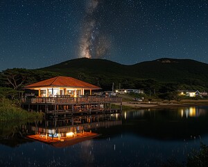 Canvas Print - Illuminated lakeside cabin at night under the Milky Way.