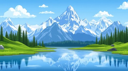 Majestic snow-capped mountains reflected in a serene glacial lake, surrounded by lush greenery