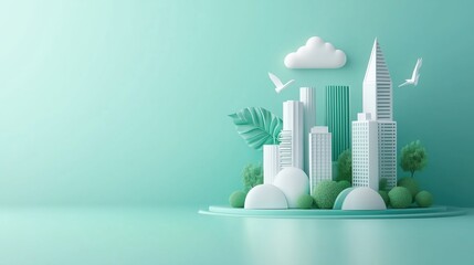 Wall Mural - Eco-friendly miniature city model with buildings, trees, and clouds in soft green tones on a pastel background. Concept of sustainable urban design.