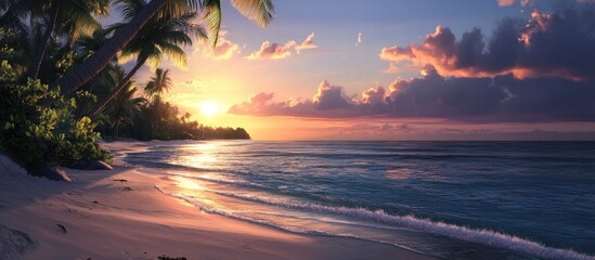 Wall Mural - tranquil beach sunset with vibrant orange and pink hues reflecting on serene blue waters framed by p