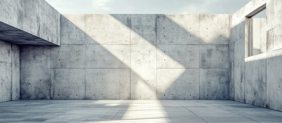 Poster - Industrial cement parge texture featuring a dynamic interplay of white and gray tones with angled light creating an expansive modern interior space