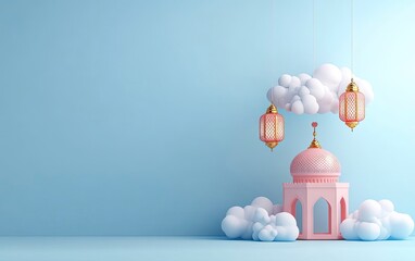 Wall Mural - 3D illustration of a mosque hanging on clouds with a Ramadan lantern, against a blue background banner template design. Space for text, 