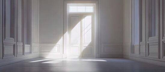 Canvas Print - Bright minimalistic living room with white wooden framing natural light streaming through large window on wooden floor creating serene ambiance