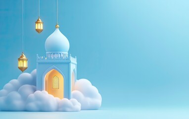 Wall Mural - 3D illustration of a mosque hanging on clouds with a Ramadan lantern, against a blue background banner template design. Space for text, 