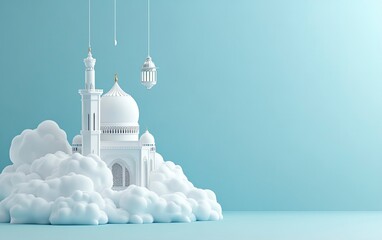 Wall Mural - 3D illustration of a mosque hanging on clouds with a Ramadan lantern, against a blue background banner template design. Space for text, 