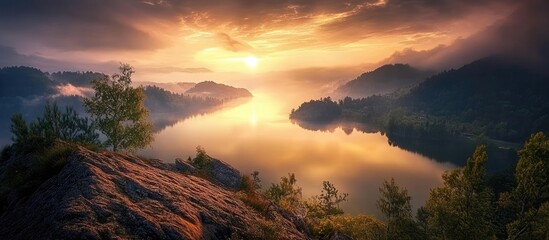Wall Mural - serene sunset over a tranquil lake with misty mountains in the background, rich oranges and yellows 