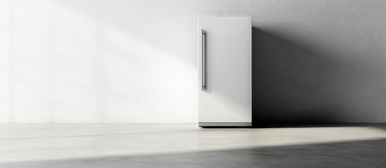 Sticker - Minimalist white fridge positioned on a clear tabletop with soft natural light casting shadows creating a clean contemporary aesthetic