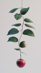 Poster - Red apple hanging from branch, leaves, studio shot, minimalist background, food photography