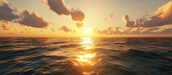Wall Mural - serene sunset over a calm ocean with golden reflections on water and soft orange and blue hues in th