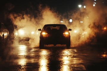 Wall Mural - Blurred silhouettes of cars surrounded by rising exhaust steam in a dimly lit setting