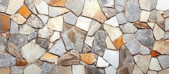 Poster - Stone wall background consisting of a mosaic of irregularly shaped stones in beige, gray, and orange hues, arranged in a seamless pattern.