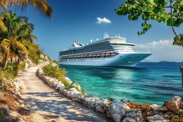 Canvas Print - Cruise ship at tropical island coast, turquoise water