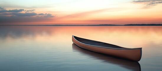 Wall Mural - solitary canoe floating on calm dusk lake waters reflecting vivid pink and orange hues of sunset cre